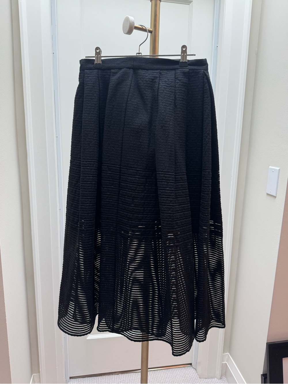 Tibi Black Textured Midi Skirt with Mesh Insets